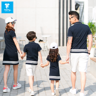Áo Váy Gia Đình Navy Xanh Phối 2 Sọc Mã XV039