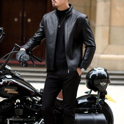 Áo da cừu cổ đứng AKD008 màu nâu nhạt