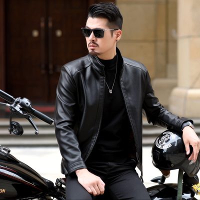 Áo da cừu cổ đứng AKD008 màu nâu nhạt