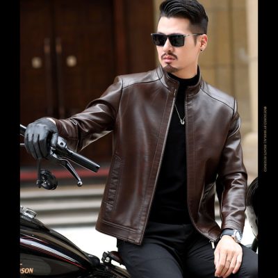 Áo da cừu cổ đứng AKD008 màu nâu nhạt