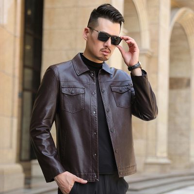 Áo da nam thật AKD048 màu nâu