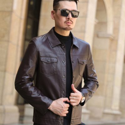 Áo da nam thật AKD048 màu nâu