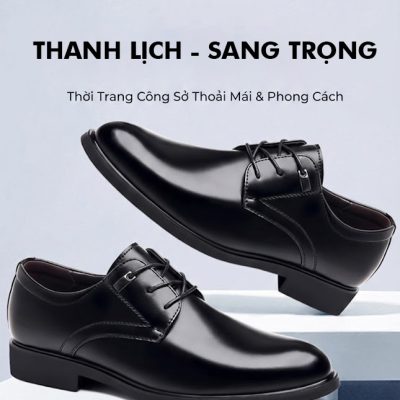 Giày Tây Da Bò Nam Tăng Chiều Cao 6cm Gót Cao Su GTD031- 2288 Đen Trơn