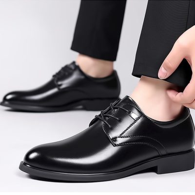 Giày Tây Da Bò Nam Tăng Chiều Cao 6cm Gót Cao Su GTD031- 2288 Đen Trơn